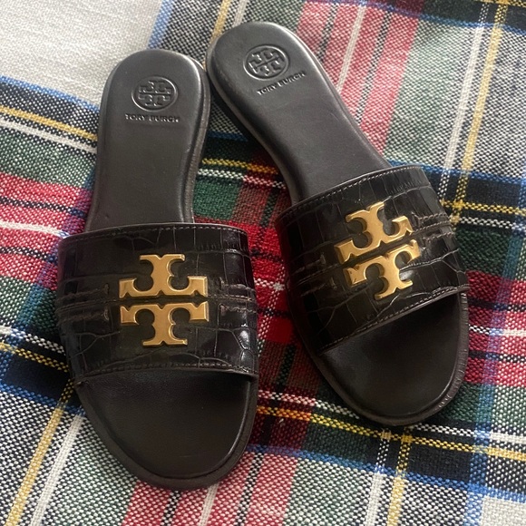 Tory Burch Shoes - Tory Burch Brown Croc-Embossed Leather Slide Sandals with Gold Logo